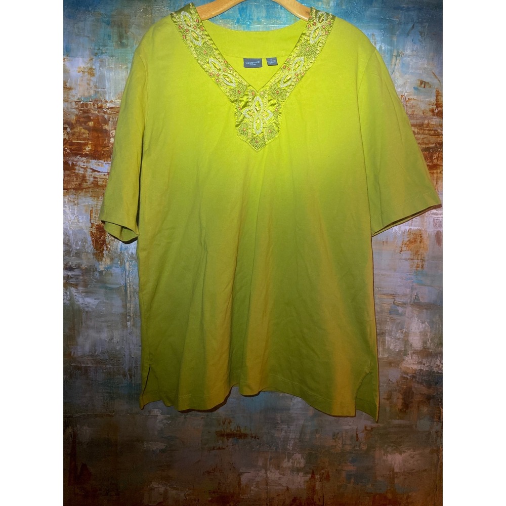 Westbound Woman 1X Lime Green Embroidered Beaded V-Neck Cotton Tunic‎ Top Shirt